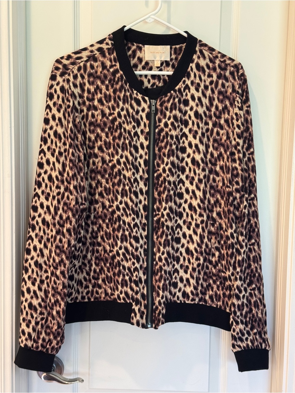 Skies Are Blue Leopard Print Zip-Front Bomber Jacket - Black/Brown/Tan
